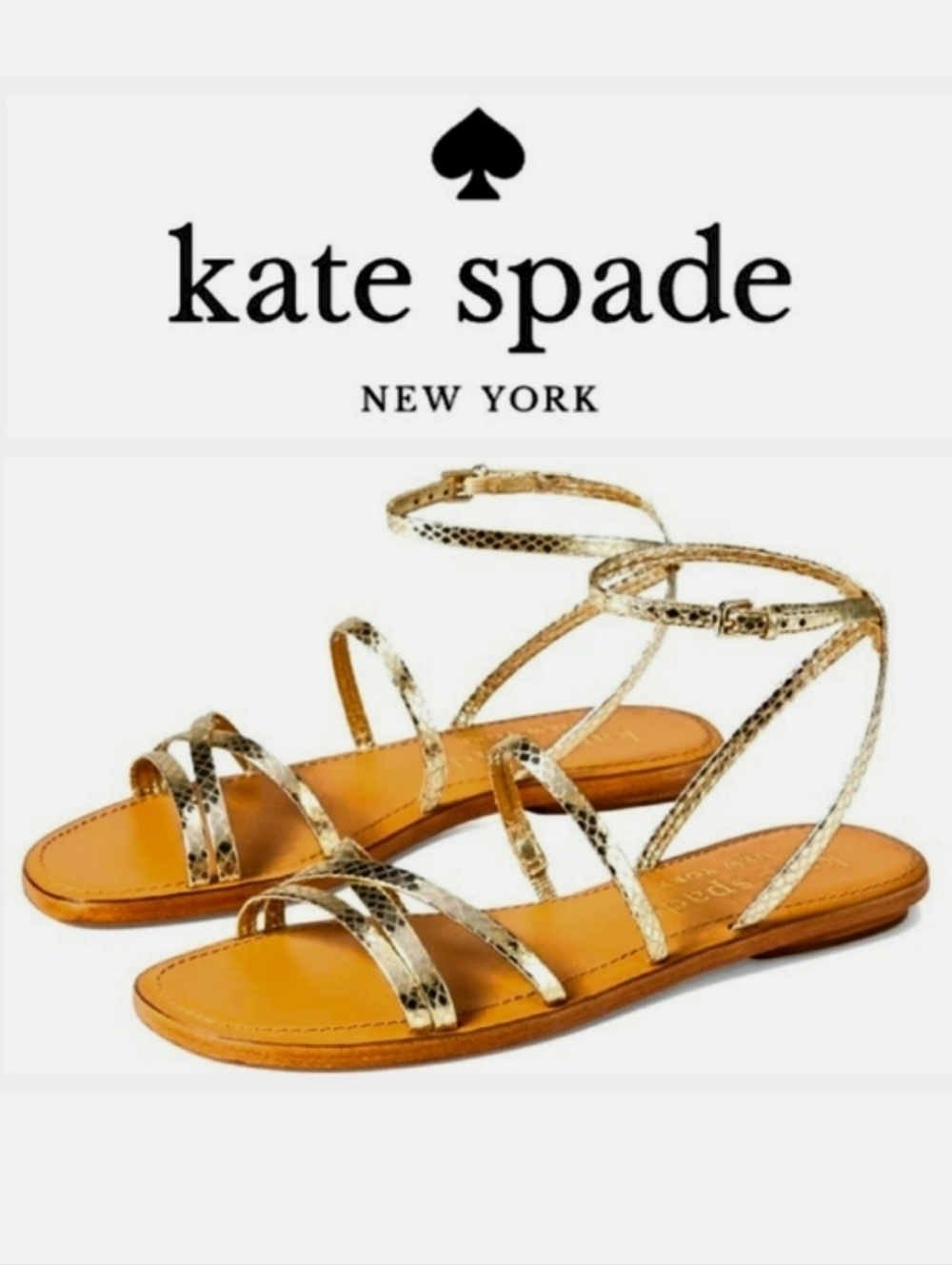 Kate Spade NY Gold Metallic Snakeskin Embossed Leather Cove Sandals Sz 8½